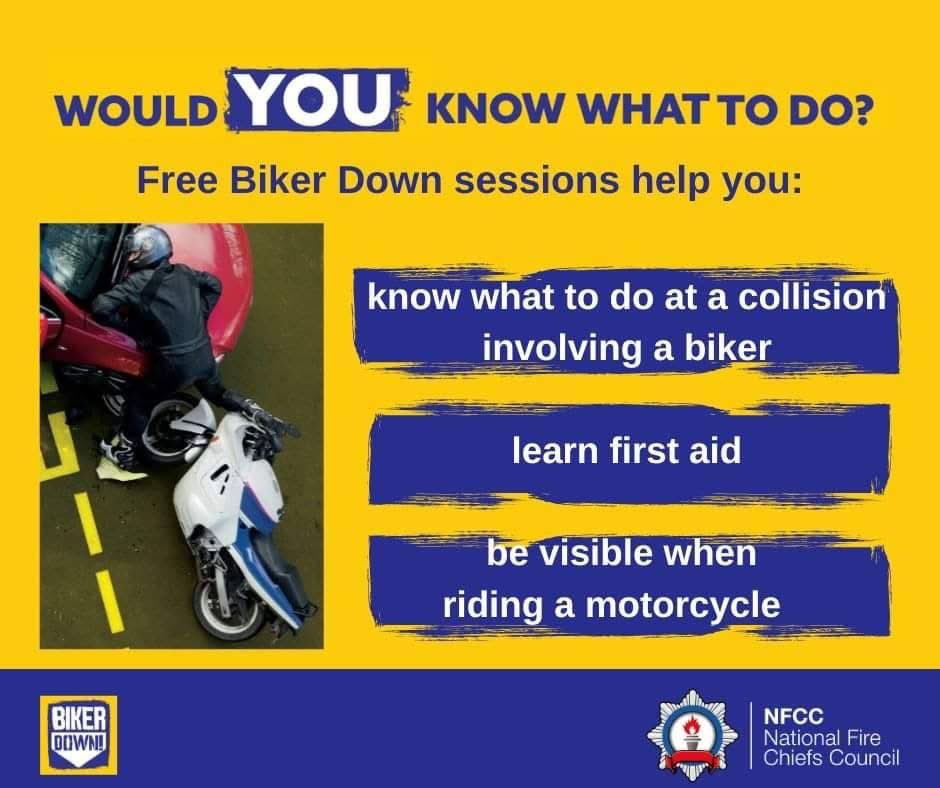 West Team:
Biker Down Workshop - Saturday 6th September 2025 at 12:00 at Motherwell Fire Station. Email w.bikerdownscotland@firescotland.gov.uk to book a place.