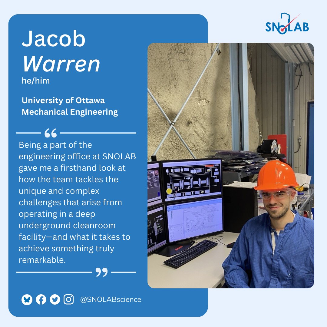 SNOLAB (@snolabscience) on Twitter photo This week, we are excited to feature Jacob Warren! Jacob is a fourth year Mechanical Engineering student from <a href="/uOttawa/">Université d'Ottawa | University of Ottawa</a> who spent the summer working with SNOLAB’s engineering office.
#StudentsAtSNOLAB #WorkWithMeWednesday This week, we are excited to feature Jacob Warren! Jacob is a fourth year Mechanical Engineering student from <a href="/uOttawa/">Université d'Ottawa | University of Ottawa</a> who spent the summer working with SNOLAB’s engineering office.
#StudentsAtSNOLAB #WorkWithMeWednesday