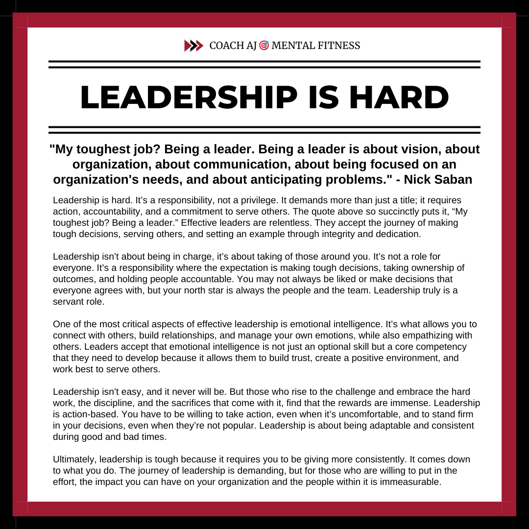 Everyone wants to be a leader until they realize what it actually requires.

Nick Saban calls it his toughest job.

Here's why most people quit when they find out what leadership really means: