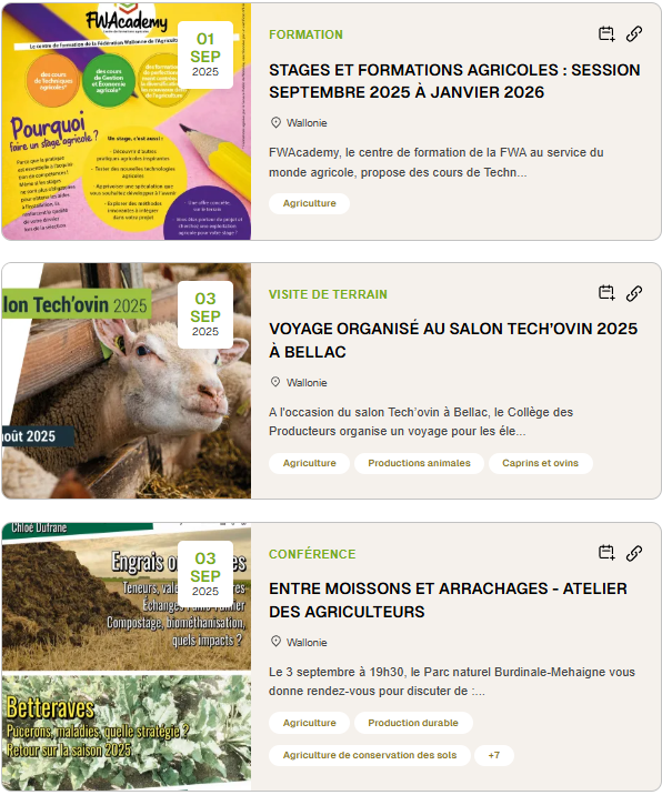 Une formation, un salon et un atelier proposés sur #WALAKIS par la FWA, le Collège des Producteurs et le Parc naturel Burdinale-Mehaigne :
- walakis.be/fr/evenements/…
- walakis.be/fr/evenements/…
- walakis.be/fr/evenements/…
La plateforme qui rassemble tous les évènements agricoles.