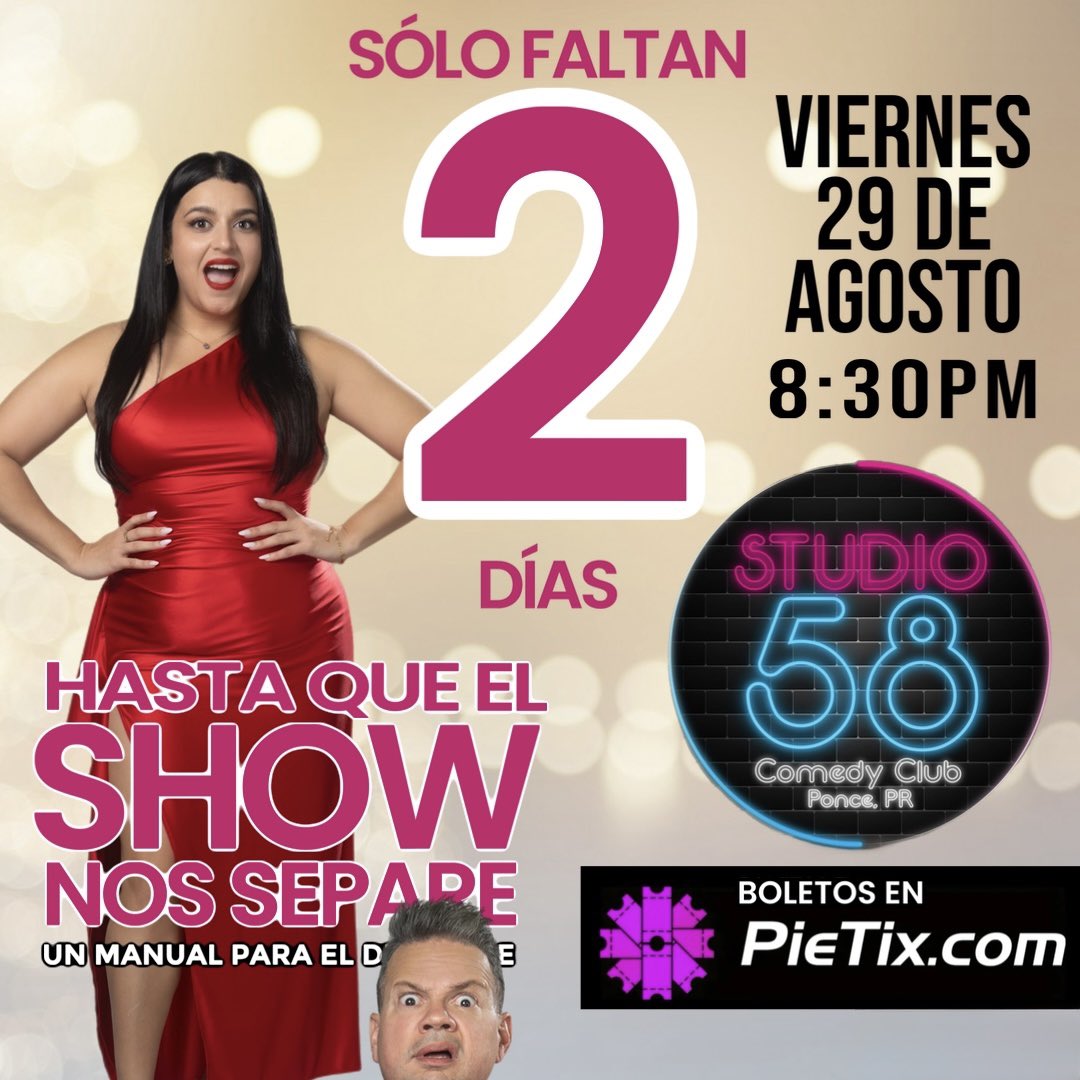 A solo DOS días para que seas parte de esta locura..!! ¿ESTÁS READY?!

HASTA QUE EL SHOW NOS SEPARE

✅Viernes 29 agosto - 8:30pm
Studio58 - Ponce

Boletos en Pietix.com

SOLO PARA ADULTOS