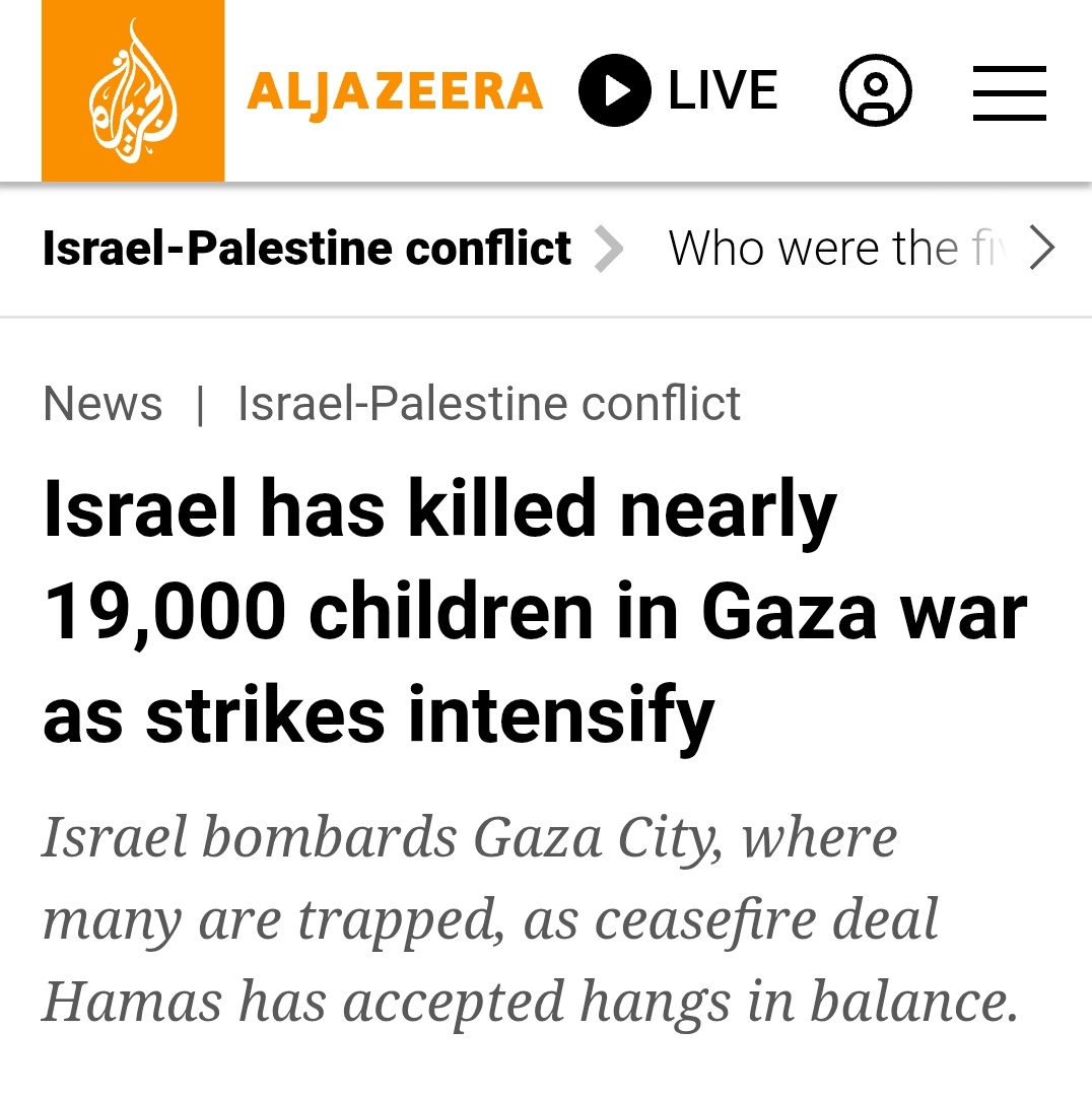 parthpunter's tweet photo. Israel has killed nearly 19000 children in Gaza.

That's more than six 9/11 attacks -- WITHOUT including adults.

And we're still discussing whether it's a genocide.

George Orwell was prophetic when he said: All animals are equal, but some animals are more equal than others. https://t.co/Lc4EllSW6E