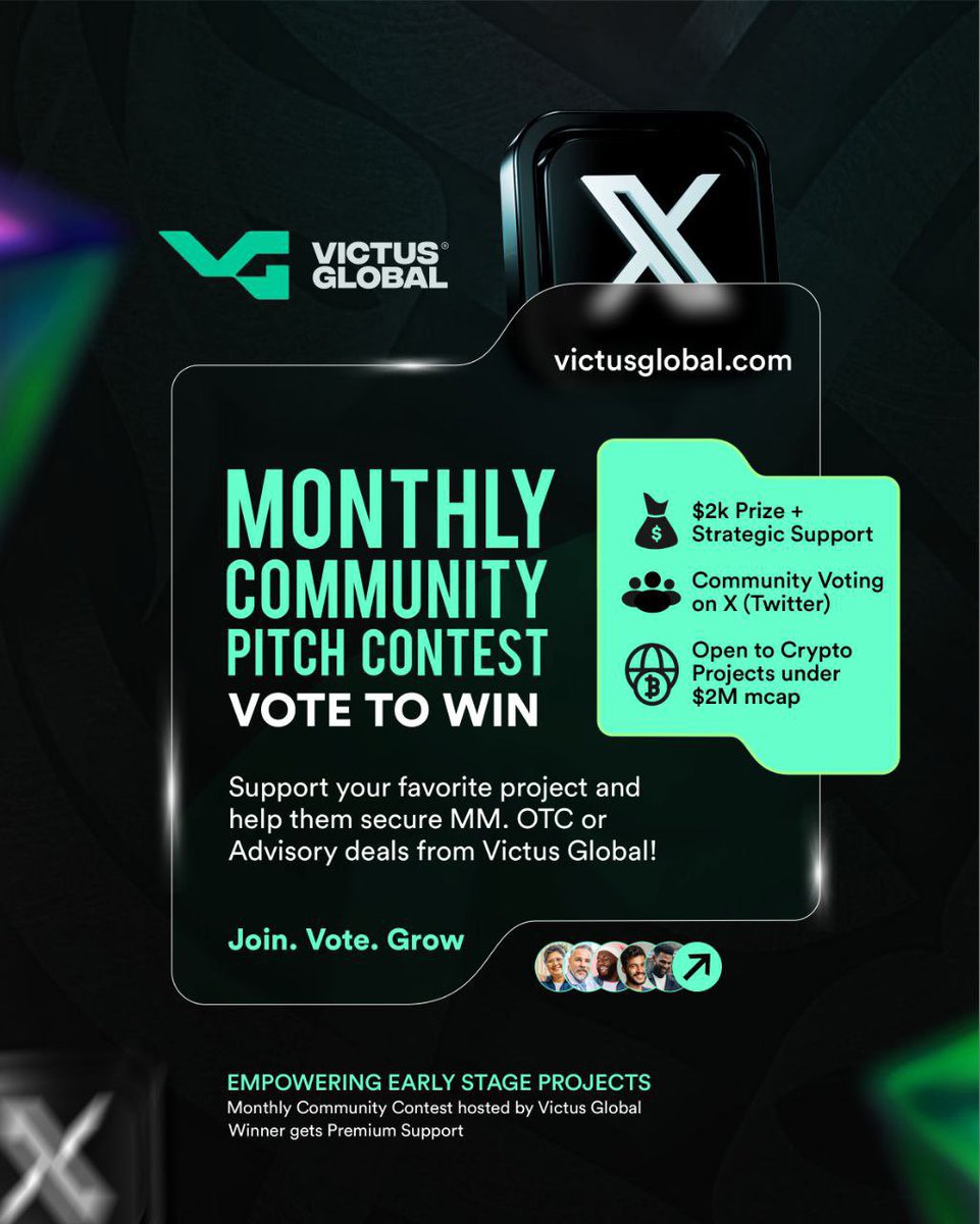VictusGlobal_'s tweet image. 🚀 Victus Global Monthly Pitch Contest is LIVE!
Support top early-stage crypto projects (&lt;$2M mcap) as they compete for:
💸 $2K Prize
🤝 Strategic Advisory &amp; MM/OTC Deals
✅ 1 week to join the movement, projects fill out the form below and we may just choose your community to…
