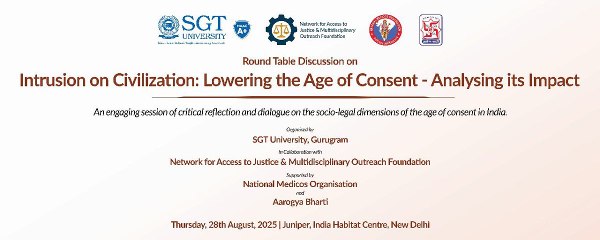 A Round Table Discussion on “Intrusion on Civilization: Lowering the Age of Consent – Analysing its Impact” will be held tomorrow at India Habitat Centre, New Delhi. Shri Priyank Kanoongo, Hon’ble Member, NHRC, will grace the event as the Chief Guest.
