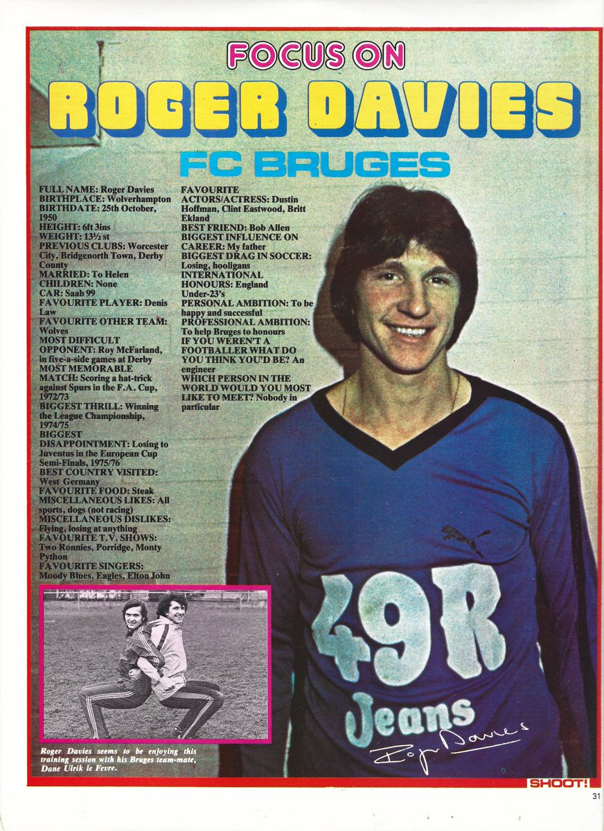 As always, when we get a new Shoot! in, we share the player profile

This week: Roger Davies of FC Bruges

Clint, steak, hates Racing dogs......

(From Shoot! - 09/04/1977)

#Shoot #shootmagazine #FCBruges