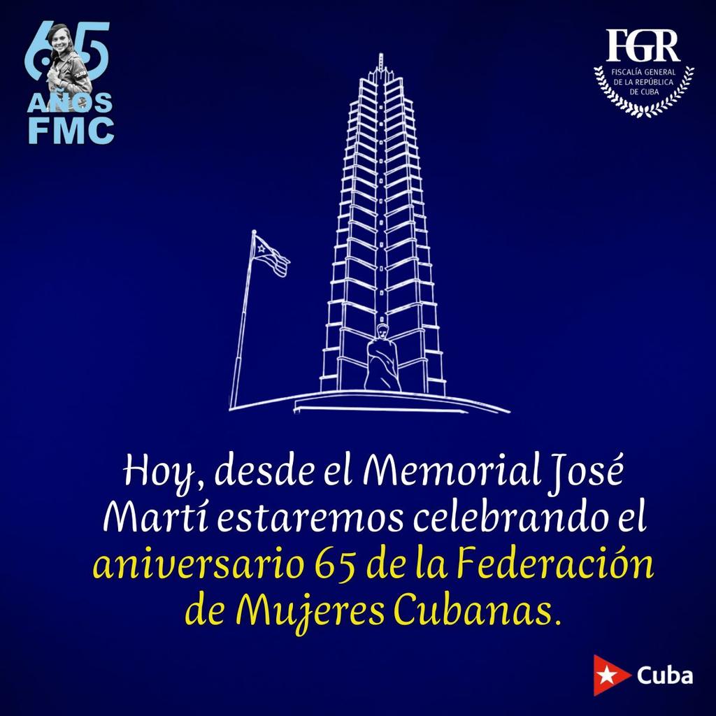 ☀️ Buenos días #Cuba. 

🇨🇺 Este miércoles, desde el Memorial José Martí, celebraremos el aniversario 65 de la Federación de Mujeres Cubanas. 

📌 Acto que estará dedicado a los #100AñosConFidel y a Vilma, eterna presidenta de la organización que agrupa a las #MujeresEnRevolución.