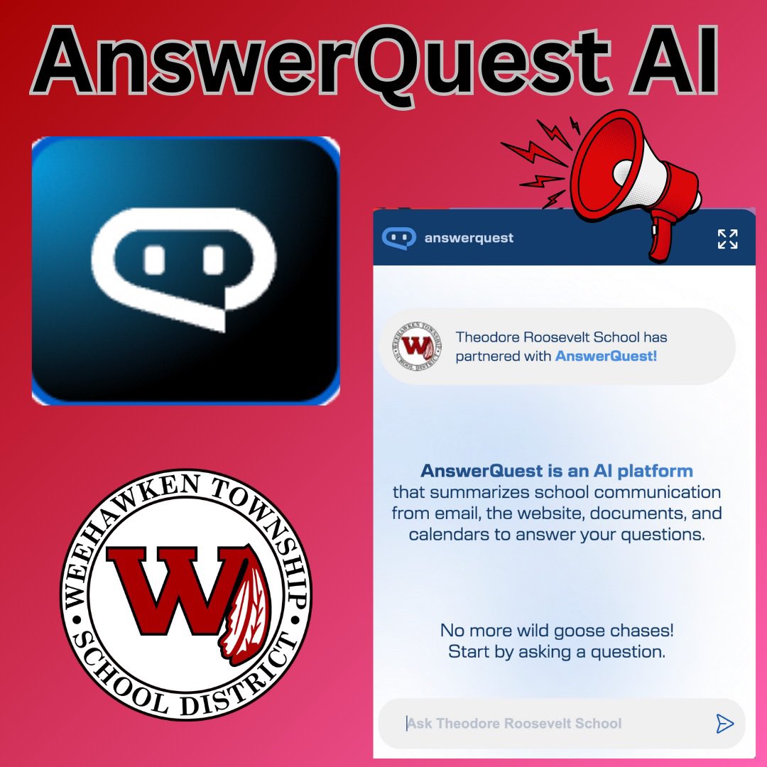 We're excited to announce the launch of our new AI bot  - AnswerQuest AI to help answer FAQs!
Check it out on each school's website!
<a href="/EricCrespoEDU/">Eric Crespo</a> <a href="/FAmato53/">Francesca Amato</a> <a href="/al_orecchio/">Al Orecchio</a> <a href="/StefanieCirill1/">Stefanie Cirillo</a>  <a href="/JColasurdoEDU/">Jillian Colasurdo</a> <a href="/WEEGUIDANCEWTSD/">Jenna DeBari</a>