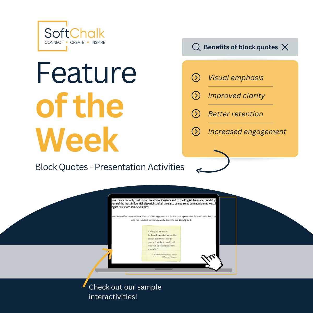 Feature of the Week: Block Quotes ✨

Want to make key ideas stand out? Block Quotes in SoftChalk give your content visual emphasis while improving clarity, retention, and engagement for learners.

Explore our sample interactivities here: hubs.ly/Q03FPJ6V0
