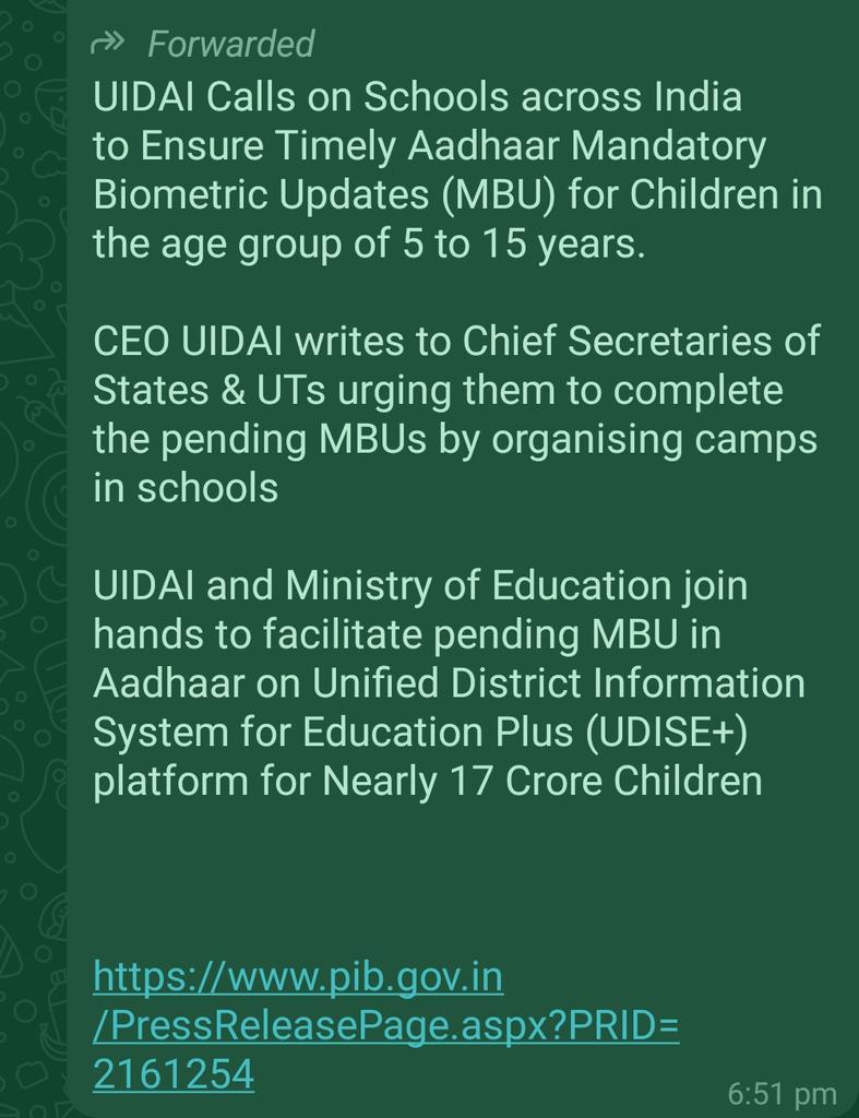 #UIDIA wrote to chief secretaries of all states suggesting that Mandatory #Aadhar Biometric Updates (MBU) of 5-15 age group children should be completed in time by conducting special camps in schools.