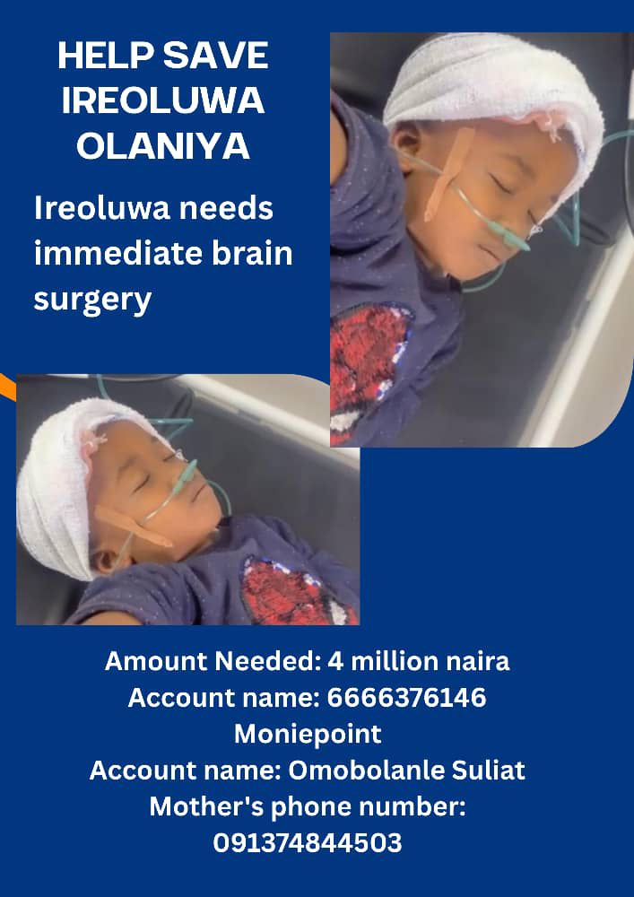 This child fell down from 2001 building, the unilag factory two nights ago, the mom sells noodles beside Mr Val  outside, after spending all she had, the CT scan results came out this morning and they said the child needs brain surgery, and the cost of the surgery is 4 million