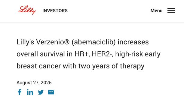 NEWS FROM INDUSTRY:  monarchE Update
Source Lilly

buff.ly/9ebwj2M 

Eli Lilly announced that the Phase 3 monarchE trial has met its primary overall survival (OS) endpoint, showing that two years of abemaciclib plus endocrine therapy (ET) provides a statistically