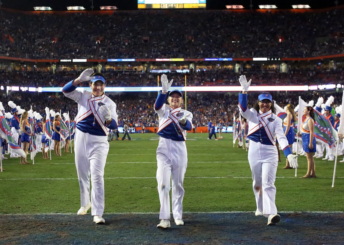 Three sleeps until Florida fans listen to The Pride of the Sunshine - The University of Florida Fighting Gator Marching Band in The Swamp!
#ChompInTheSwamp
The UF band drum majors give a Gator Chomp at the conclusion of the pregame show prior to the University of Florida Gators