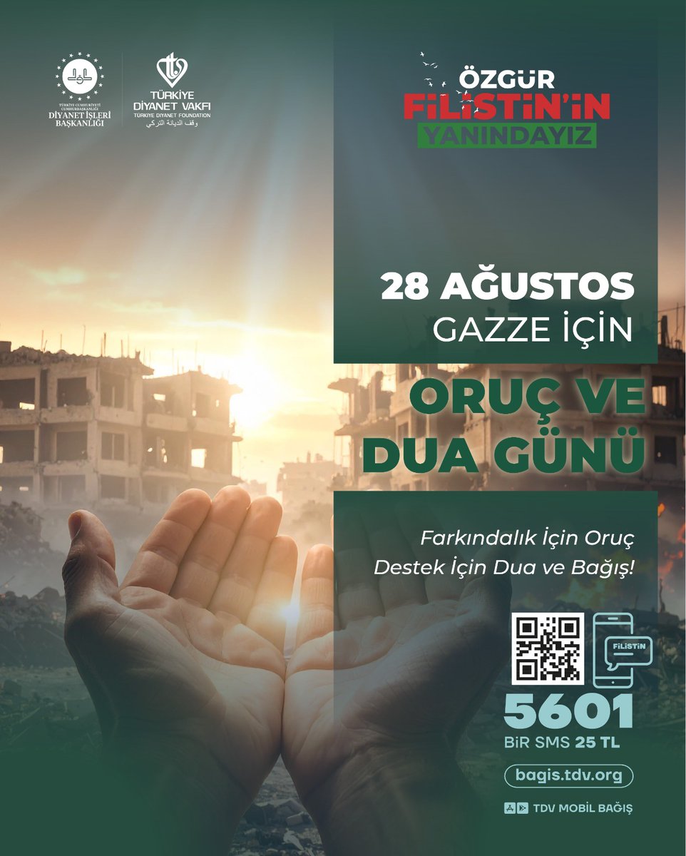 Gazze için oruç, Gazze için dua, Gazze için bağış

Dünya Müslüman Alimler Birliği ve Türkiye İslam Alimleri Vakfı öncülüğünde 28 Ağustos, Gazze için “Oruç ve Dua Günü” olarak ilan edildi. 

Yarın Gazze’de açlıkla, susuzlukla ve kuşatma altında hayatta kalma mücadelesi veren