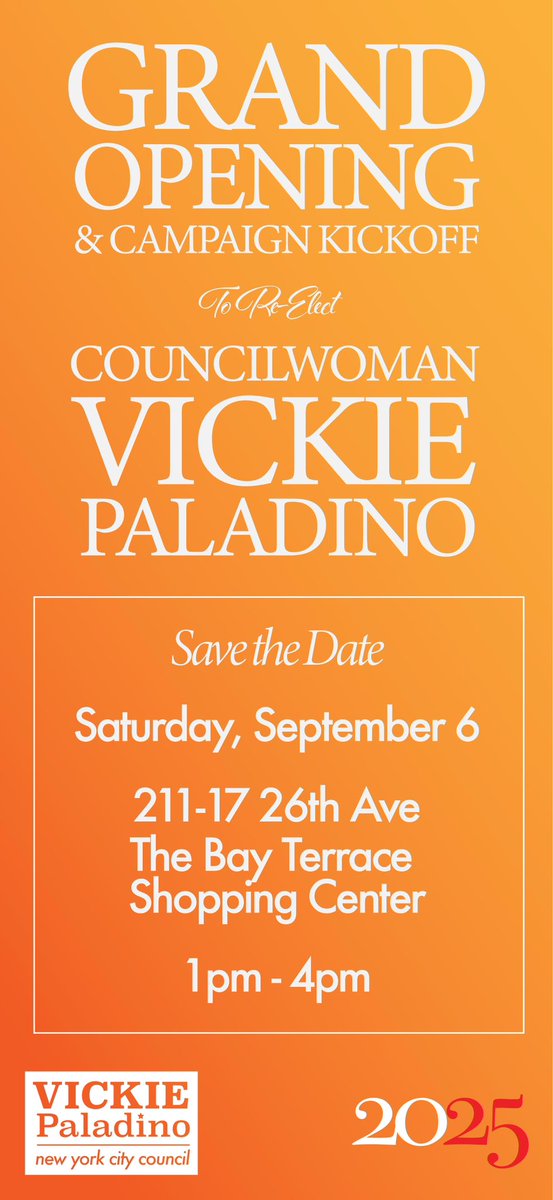 🔥 Kickoff with Vickie! 🔥
District 19 needs strong leadership help Vickie Paladino defeat her opponent!
Join us for her campaign office Grand Opening!!
💪 Let’s start this campaign strong! 🇺🇸
#SaveOurCity#VickiePaladino #District19Strong #GrandOpening