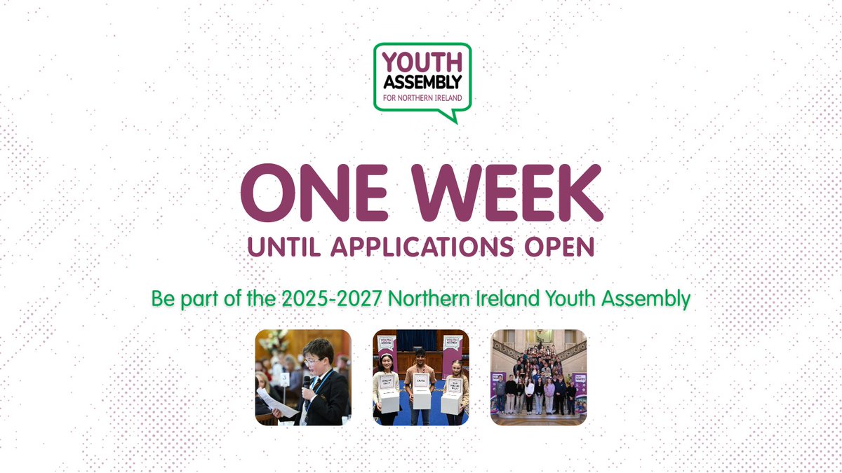 Applications for the 2025-2027 Northern Ireland Youth Assembly open next Monday 8 September. 

Be sure to share with someone you think should be part of the next mandate! 🙌

This week, we'll share everything you need to know about applying.