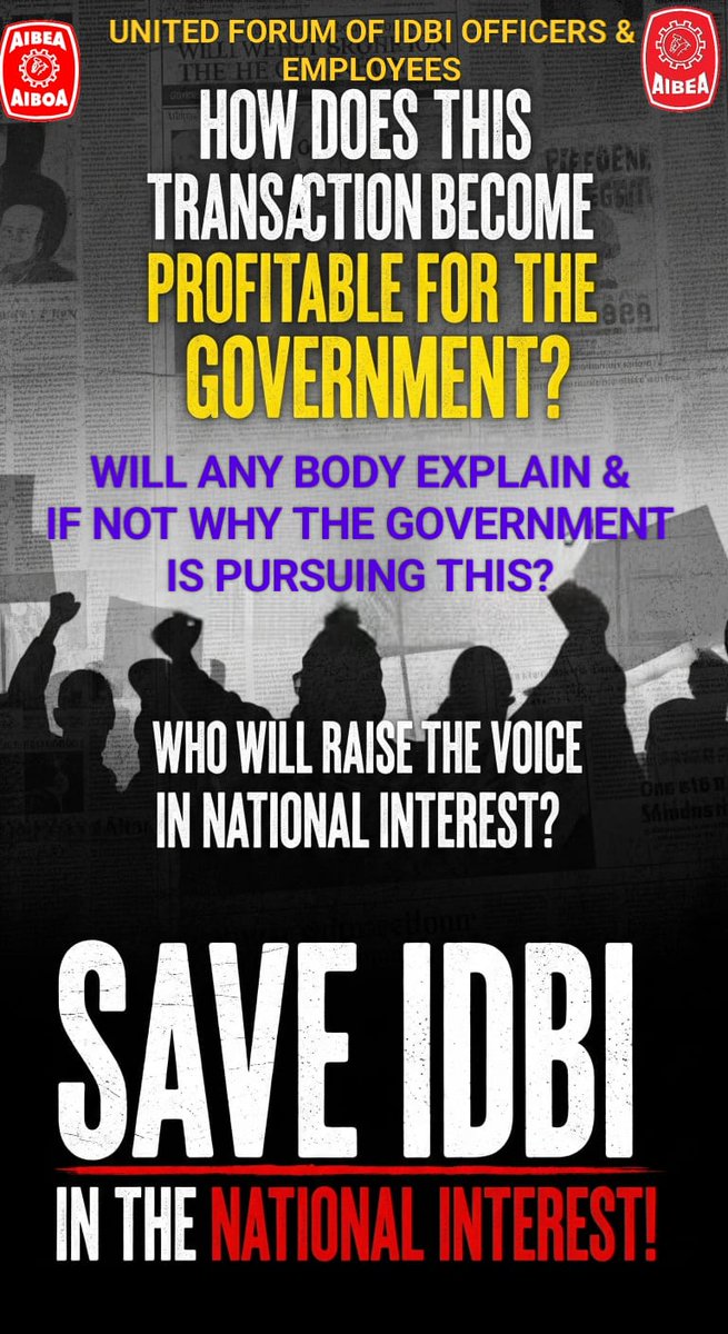 Together for IDBI (@idbifor) on Twitter photo #StopLootOfIDBI
A Profitable bank is going to be sell is not a good decision. Govt must rethink on it
<a href="/RBI/">ReserveBankOfIndia</a> <a href="/supriya_sule/">Supriya Sule</a> <a href="/DainikBhaskar/">Dainik Bhaskar</a> <a href="/htTweets/">Hindustan Times</a> <a href="/business_today/">Business Today</a> <a href="/TheLallantop/">The Lallantop</a> <a href="/mkstalin/">M.K.Stalin - தமிழ்நாட்டை தலைகுனிய விடமாட்டேன்</a>
#BiharSIR #VoteChori #StopLootOfIDBI
A Profitable bank is going to be sell is not a good decision. Govt must rethink on it
<a href="/RBI/">ReserveBankOfIndia</a> <a href="/supriya_sule/">Supriya Sule</a> <a href="/DainikBhaskar/">Dainik Bhaskar</a> <a href="/htTweets/">Hindustan Times</a> <a href="/business_today/">Business Today</a> <a href="/TheLallantop/">The Lallantop</a> <a href="/mkstalin/">M.K.Stalin - தமிழ்நாட்டை தலைகுனிய விடமாட்டேன்</a>
#BiharSIR #VoteChori