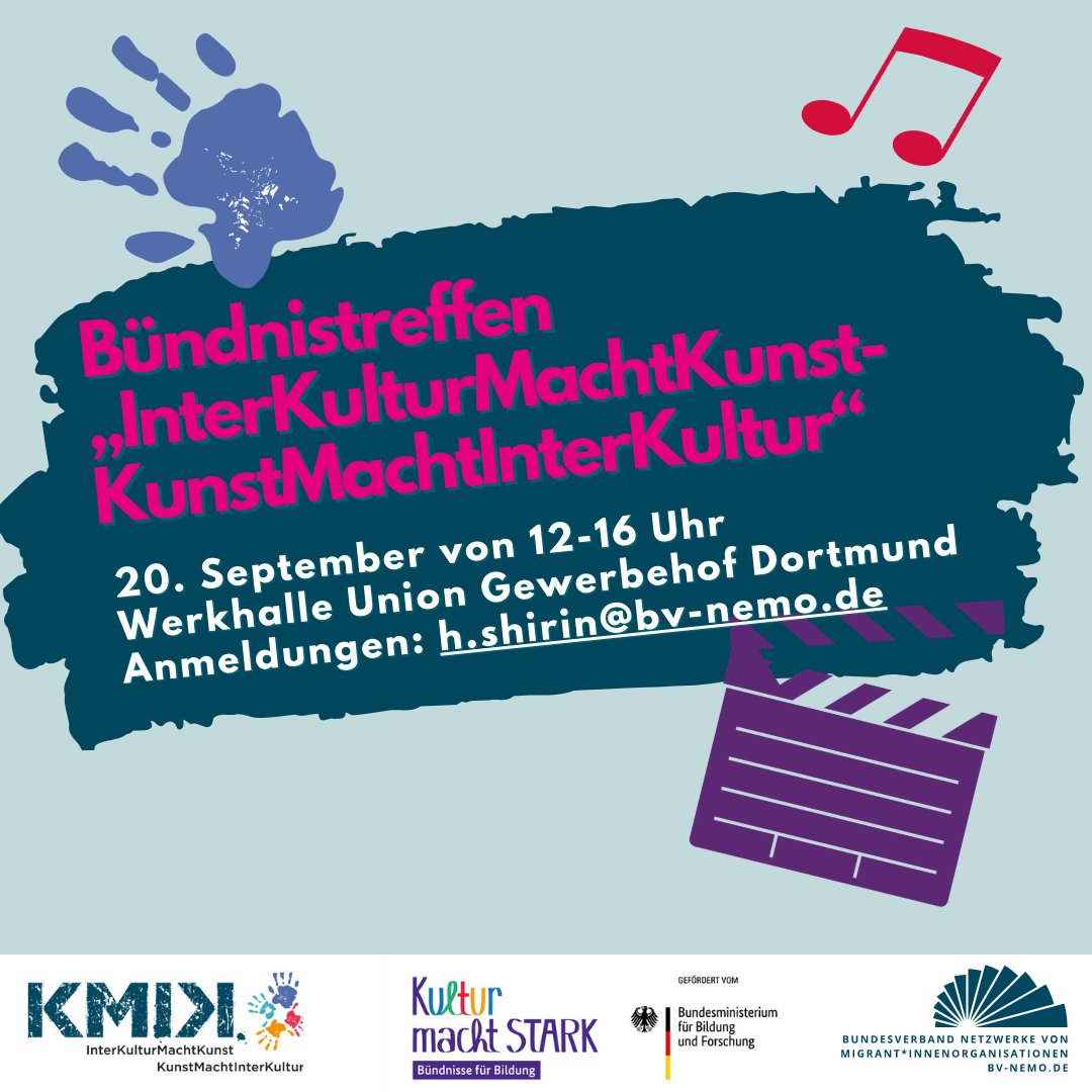 Unser Projekt „InterKulturMachtKunst – KunstMachtInterKultur“ (im Rahmen von Kultur macht stark) lädt am 20. September nach Dortmund ein zum Austausch über interkulturelle Praxis, Teilhabe und neue Perspektiven. Mehr Infos und Anmeldung: bv-nemo.de/meldungen/deta…