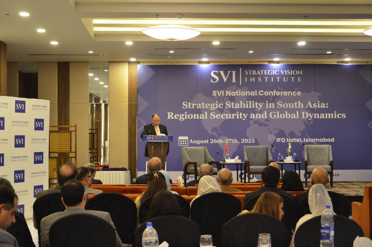 SVI_Pakistan's tweet photo. Maj Gen (R) Syed Shahab Shahid , Director General ACDA , delivers the keynote address during the closing session of the  SVI’s Two-Day National Conference on “ 𝐒𝐭𝐫𝐚𝐭𝐞𝐠𝐢𝐜 𝐒𝐭𝐚𝐛𝐢𝐥𝐢𝐭𝐲 𝐢𝐧 𝐒𝐨𝐮𝐭𝐡 𝐀𝐬𝐢𝐚 : 𝐑𝐞𝐠𝐢𝐨𝐧𝐚𝐥 𝐒𝐞𝐜𝐮𝐫𝐢𝐭𝐲 𝐚𝐧𝐝 𝐆𝐥𝐨𝐛𝐚𝐥 𝐃𝐲𝐧𝐚𝐦𝐢𝐜𝐬 ”.

"Pakistan’s Full Spectrum Deterrence has compelled India to scale down its war doctrines - from Sunderji Doctrine of Pakistan’s dissection to DRS’s limited sub-threshold punitive actions. This climb down, in itself, is a strategic success for Pakistan.

In his professed “New Normal”, Modi has imposed upon himself the compulsion to militarily respond to every terrorist attack, by any member of the 36 separatist movements in India, thus giving a formal role to non state actors in South Asian security dynamics. Nothing could be more irresponsible.

Indian leaders and officials consistently gave statements about Indian actions as “measured, non-escalatory, proportionate and responsible”. This was because Indian leadership is aware that Pakistan’s strategic capability is “No Bluff”. The restraint demonstrated by India is essentially a consequence of their belief in the credibility of Pakistan’s Full Spectrum Deterrence."