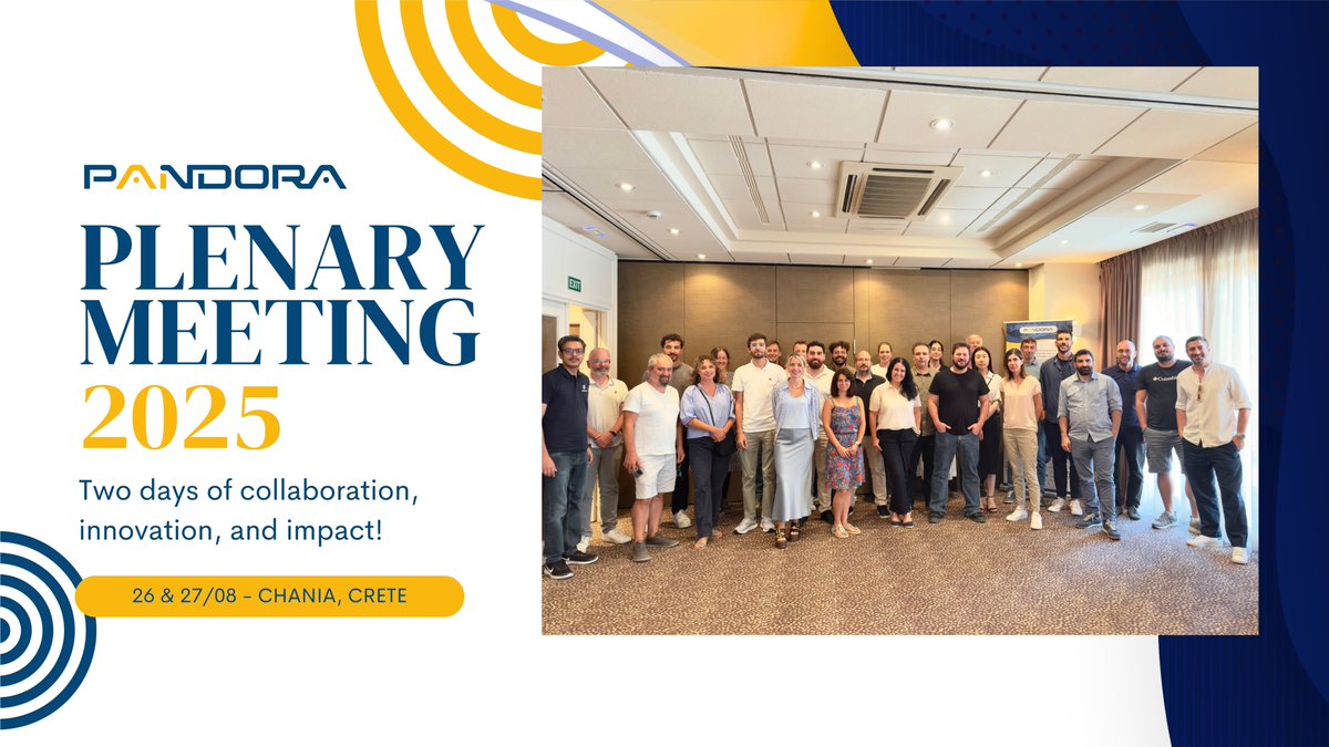 We’ve wrapped up the #PANDORA Plenary Meeting in Chania, Crete 🇬🇷!

🧠🤝 Partners advanced technical work, validated pilots &amp; strengthened collaboration. From trustworthy data to green #AIoT services, PANDORA is shaping a robust &amp; sustainable future for smart spaces in Europe!