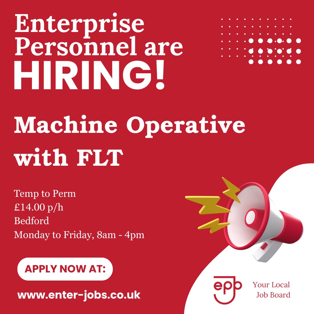 EnterJobs's tweet image. Enterprise Personnel&apos;s client are seeking a Machine Operator in Bedford.
Apply now via our website! 

#machineoperative #MachineOperator #MachineOperatorJobs #machineoperation #fltdriver #counterbalanceforklift #forkliftdriver #forklifttrucks #bedford #bedfordshire