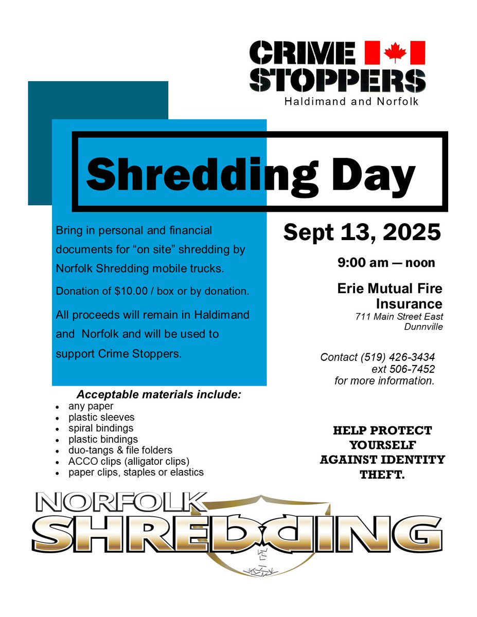 Shredding, the ultimate data detox! Happening Saturday, September 13, 2025 from 9am-noon in Dunnville at Erie Mutual Insurance. 
#SayItHere #communitypartnerships #haldimandcounty
