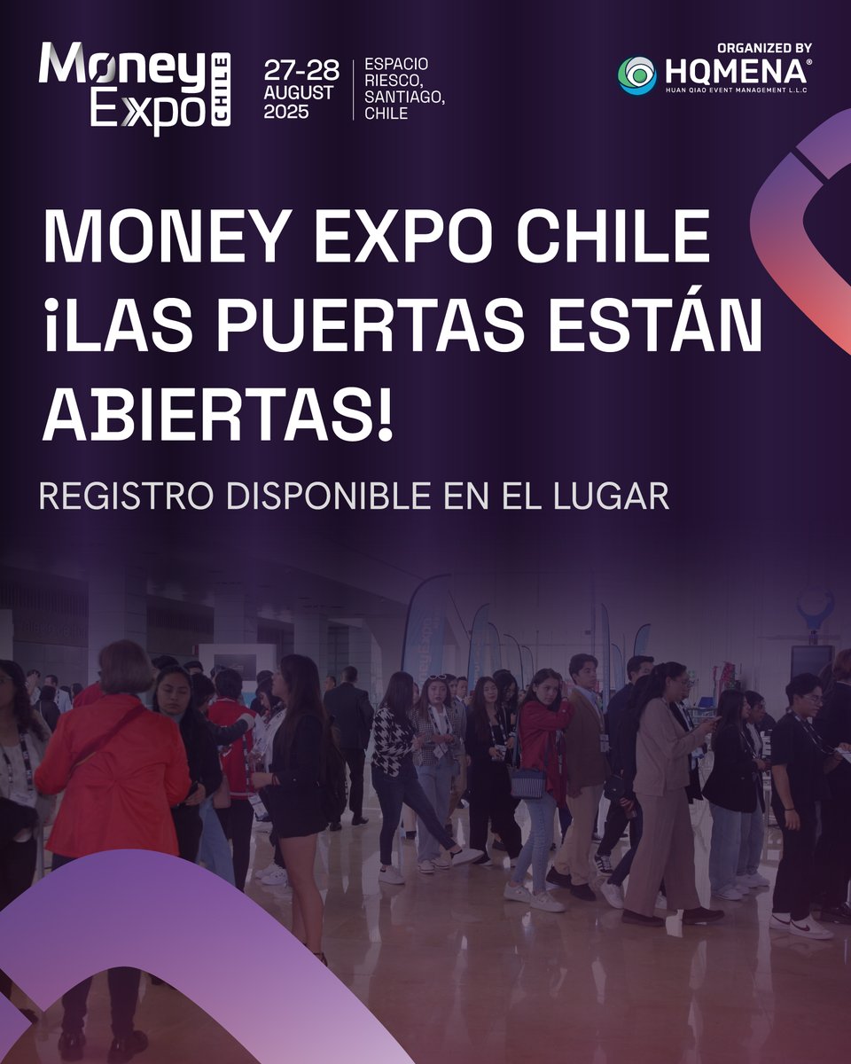 MoneyExpoGloba1's tweet image. 🚪✨ ¡Las puertas están abiertas!
Money Expo Chile 2025 comienza en Espacio Riesco, Santiago.

🎟 Registro en el lugar disponible — ¡únete hoy!
📅 27–28 de agosto 2025 | 📍 Santiago, Chile

#MoneyExpoChile #FinanceExpo #NetworkingLatam