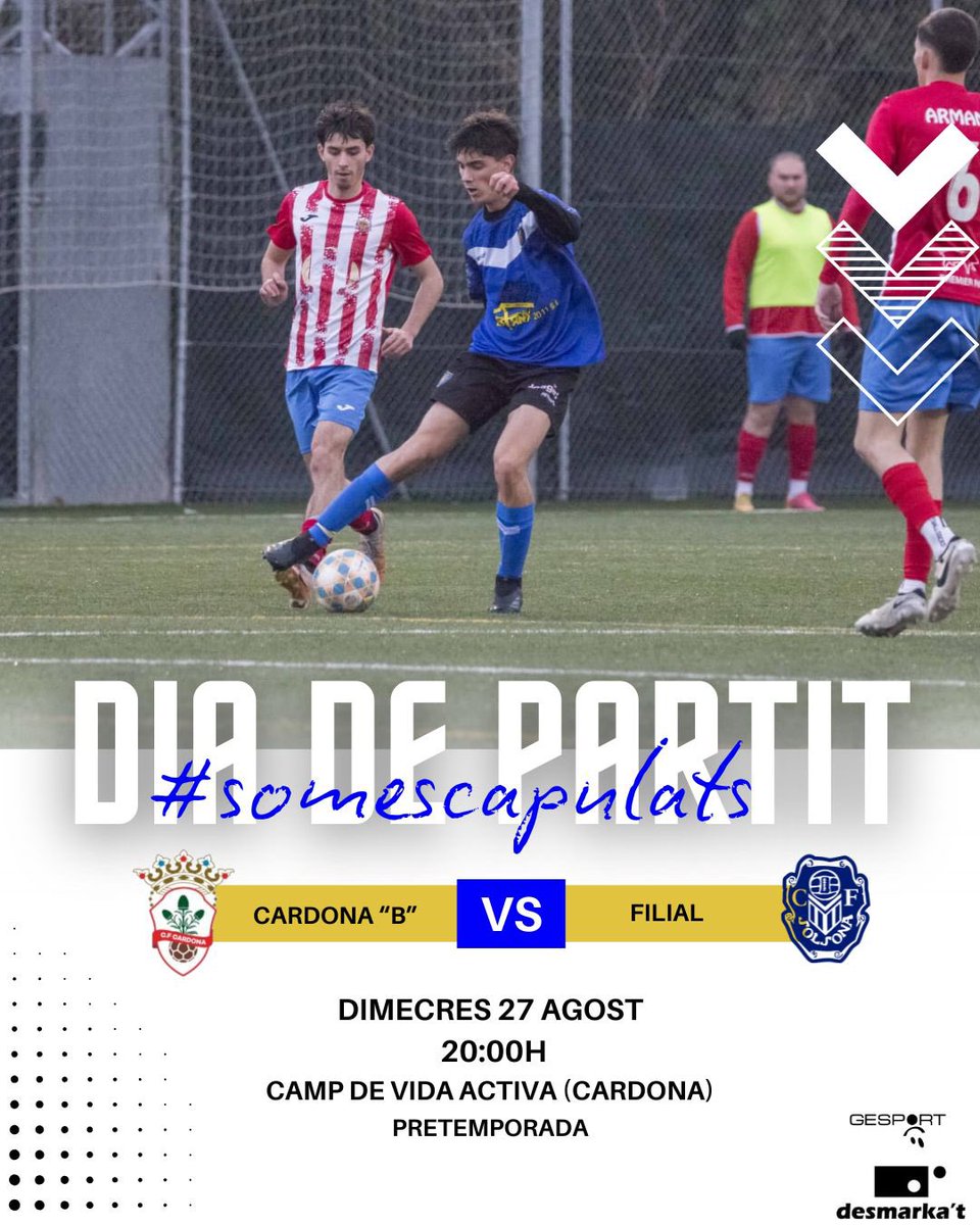 CF Solsona - des de 1928 (@cfsolsona) on Twitter photo 🔵 FILIAL 🔵
Primer partit de pretemporada del nostre Filial. Avui s’enfronta amb <a href="/uecardona/">UE Cardona</a> al camp de Vida Activa (Cardona) ⚽️
#somescapulats #filial 🔵 FILIAL 🔵
Primer partit de pretemporada del nostre Filial. Avui s’enfronta amb <a href="/uecardona/">UE Cardona</a> al camp de Vida Activa (Cardona) ⚽️
#somescapulats #filial
