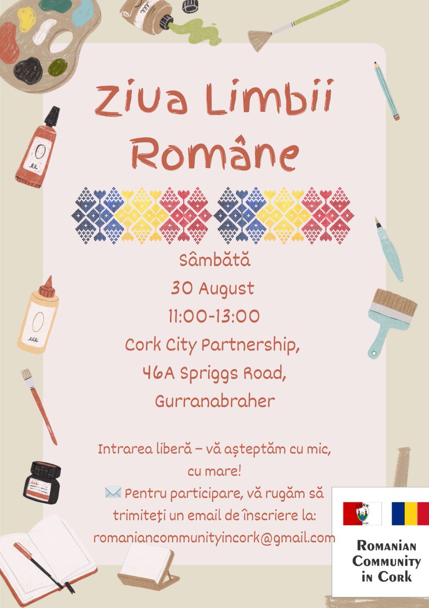 🇷🇴✨ Celebrate Romanian Language Day in Cork! ✨🇷🇴
📅 Saturday, 30 August⏰ 11:00 – 13:00
📍 Cork City Partnership, 46A Spriggs Road, Gurranabraher
📚 Useful info about the Romanian exam for the Leaving Certificate with Prof. Mihaela Drăgan
💖 A day of joy, community &amp; traditions