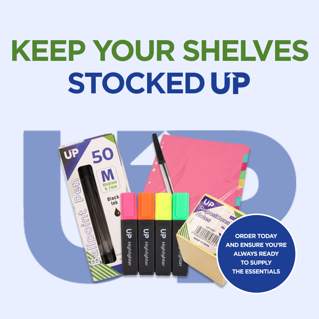 Keep your shelves fully stocked with our very own UP stationery range – the reliable, affordable choice for every workplace.

From everyday essentials like pens, pads, and paper, to filing and organisation must-haves. 

Shop online today: ctswholesale.co.uk/search?query=UP