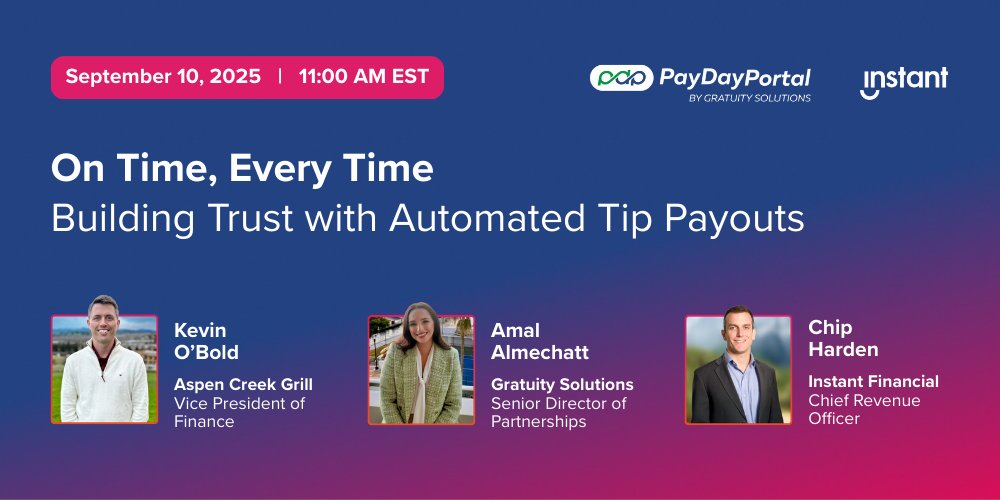 📢 NEW WEBINAR!
On Time, Every Time: Building Trust with Automated Tip Payouts

💰 Stop wasting hours on manual spreadsheets.

⚡ See how Aspen Creek Grill automated tip payouts with Instant + Gratuity Solutions.

📅 September 10, 2025
🔗 Register now: bit.ly/3ViX0kf