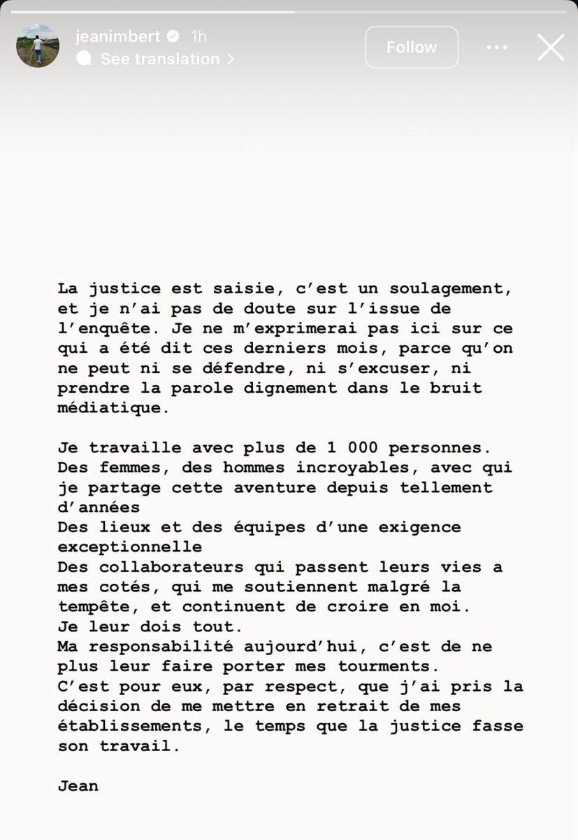 BREAKING: Jean Imbert announces on Instagram he is stepping back from his establishments which include Dior’s Monsieur Dior restaurant,  his Michelin starred restaurant in the Plaza Athénée and his Michelin starred restaurant in Hôtel Martinez following the launch of a domestic