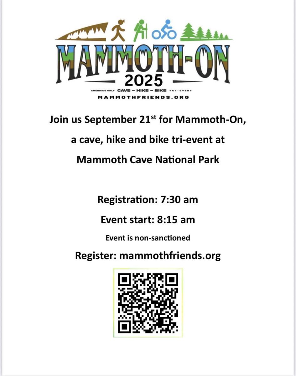 Seeking a unique experience? How about tackling America's only CAVE-HIKE-BIKE tri-event inside Mammoth Cave National Park?

FOMC is hosting Mammoth-On, a unique opportunity to experience a 2-mile cave tour, 2-mile hike, and 18-mile bike ride all within Mammoth Cave National Park.