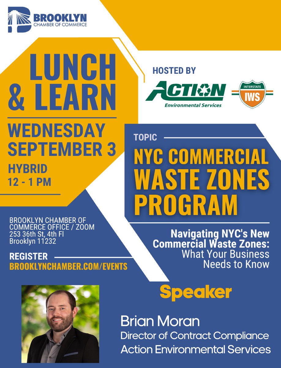 Interstate Waste Services (@interstatewaste) on Twitter photo Join our very own Brian Moran, and the <a href="/BrooklynChamber/">Brooklyn Chamber of Commerce</a>, September 3rd, 12-1pm, to learn all about #NYC's new #CommercialWasteZone law!
Register below!
bit.ly/4mJgZV0
#ActionEnvironmental #ActionCarting #InterstateWaste #Waste #Recycling #NewYorkCity #CWZ Join our very own Brian Moran, and the <a href="/BrooklynChamber/">Brooklyn Chamber of Commerce</a>, September 3rd, 12-1pm, to learn all about #NYC's new #CommercialWasteZone law!
Register below!
bit.ly/4mJgZV0
#ActionEnvironmental #ActionCarting #InterstateWaste #Waste #Recycling #NewYorkCity #CWZ