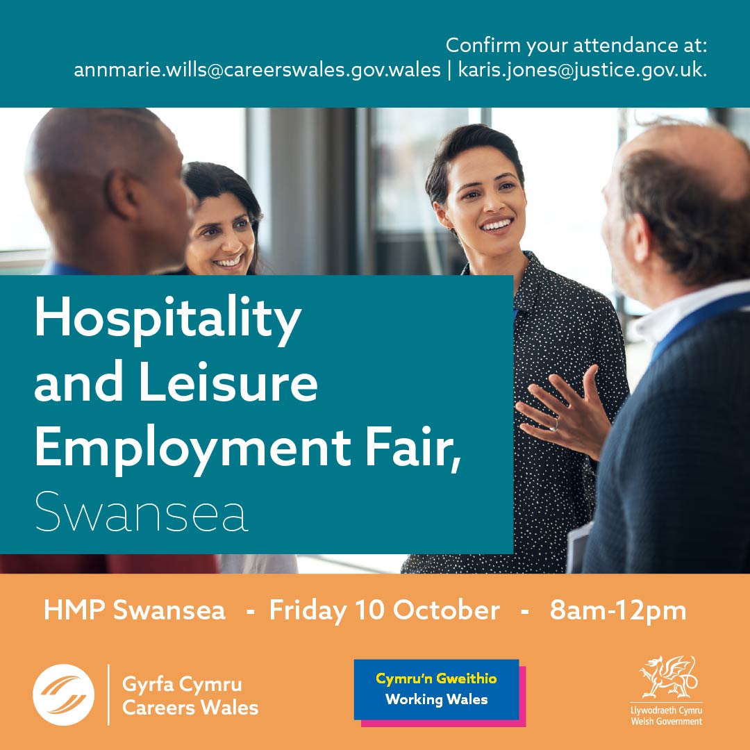 We’re looking for employers to join us at HMP Swansea on Friday 10 October, 8am–12pm, for the Hospitality and Leisure Employment Fair.

Meet motivated candidates and share your knowledge and opportunities.

Confirm attendance by 30 August 👇🏼