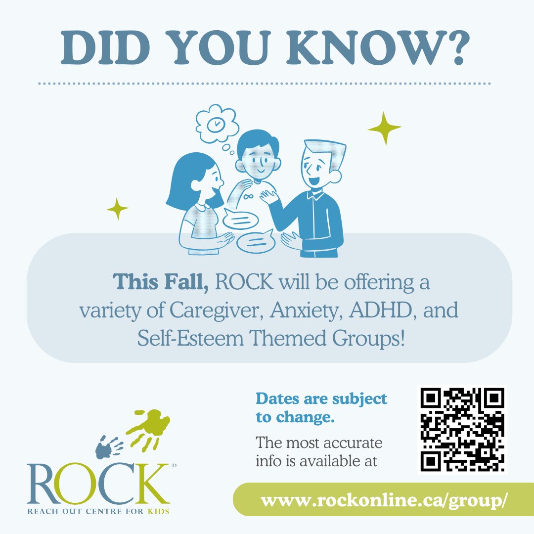 ⁉️ DID YOU KNOW ⁉️

This Fall, ROCK will be offering a variety of Caregiver, Anxiety, ADHD and Self-Esteem Themed Groups!

For more info, please visit rockonline.ca/group/