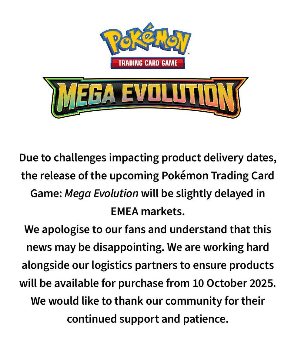 Mega Evolutions officially delayed to October 10th from the original September 26th release date in Europe, Middle East, and Africa markets. Do you think the US market will see a delay as well? 😳