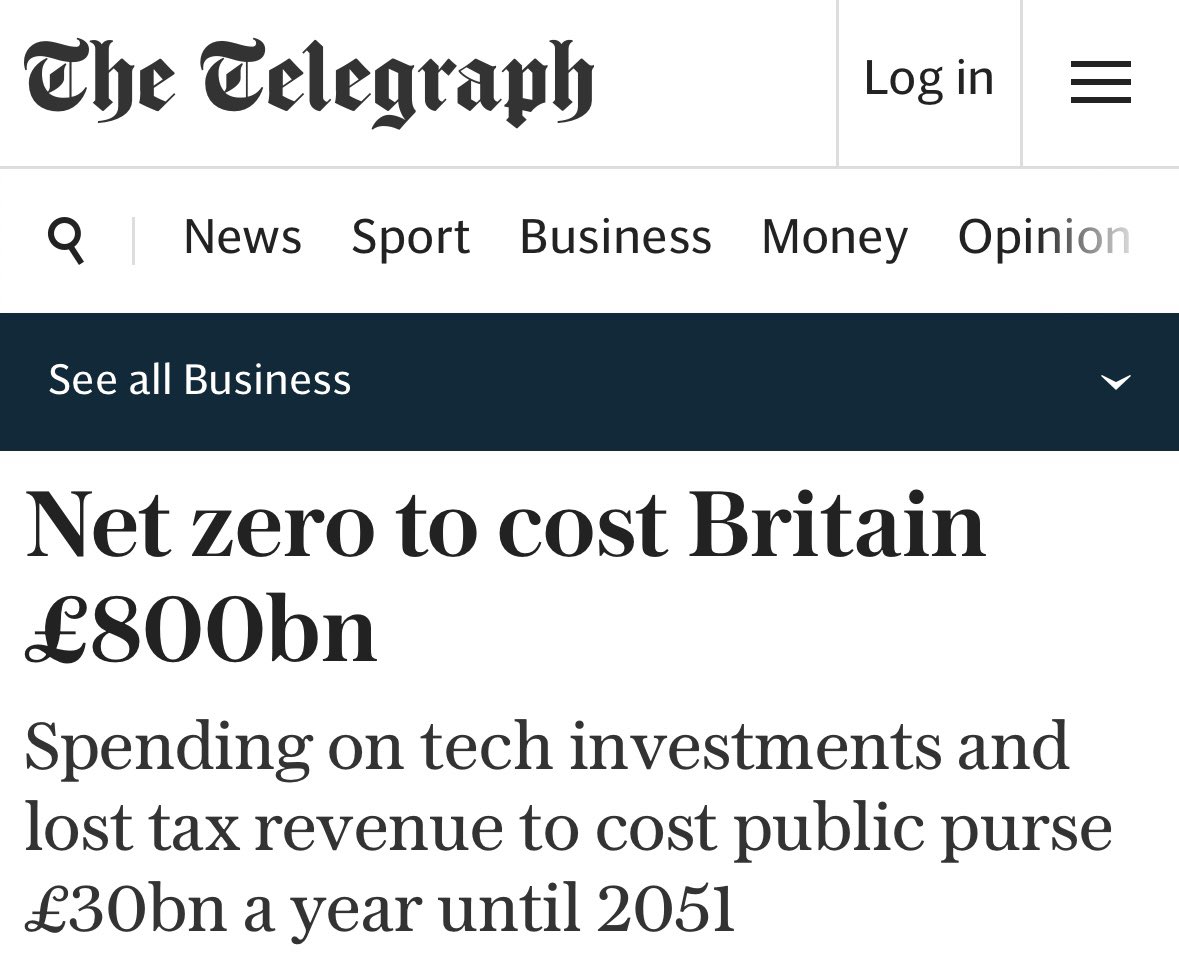 Net zero to cost Britain a staggering £800 billion. 

Britain is a mess and we simply can’t afford net zero. It won’t make a blind bit of difference to the climate, puts our energy/economic security at risk &amp; lines the pockets of major corporations. It’s time to axe net zero.
