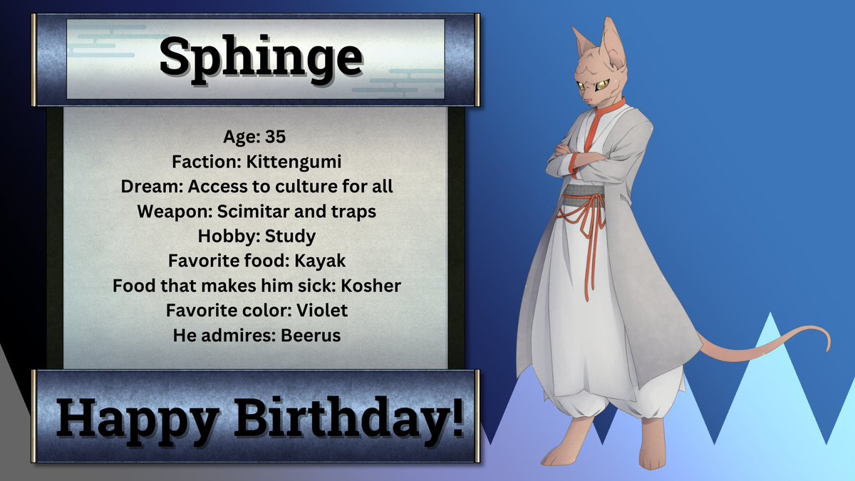 Today is Sphinge's birthday, one of the cats Goda Nekondo trusts the most.

He is in charge of guarding the entrance to Kittengumi, as well as teaching history to the little ones.
Happy birthday, Sphinge!

Kittengumi: The Sakabato's Thief, now available:
💙bit.ly/KittengumiPS