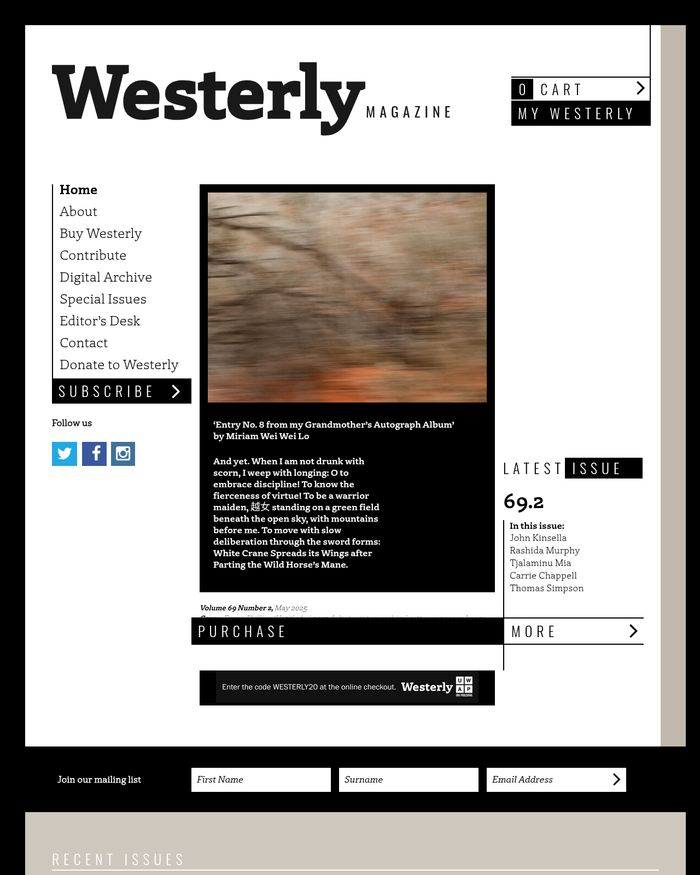 Duotrope's tweet photo. Westerly Magazine (Fiction Poetry Nonfiction Art; pays) opened to submissions https://t.co/aleyAYJJN9 #amwriting https://t.co/ky6MICCNTv