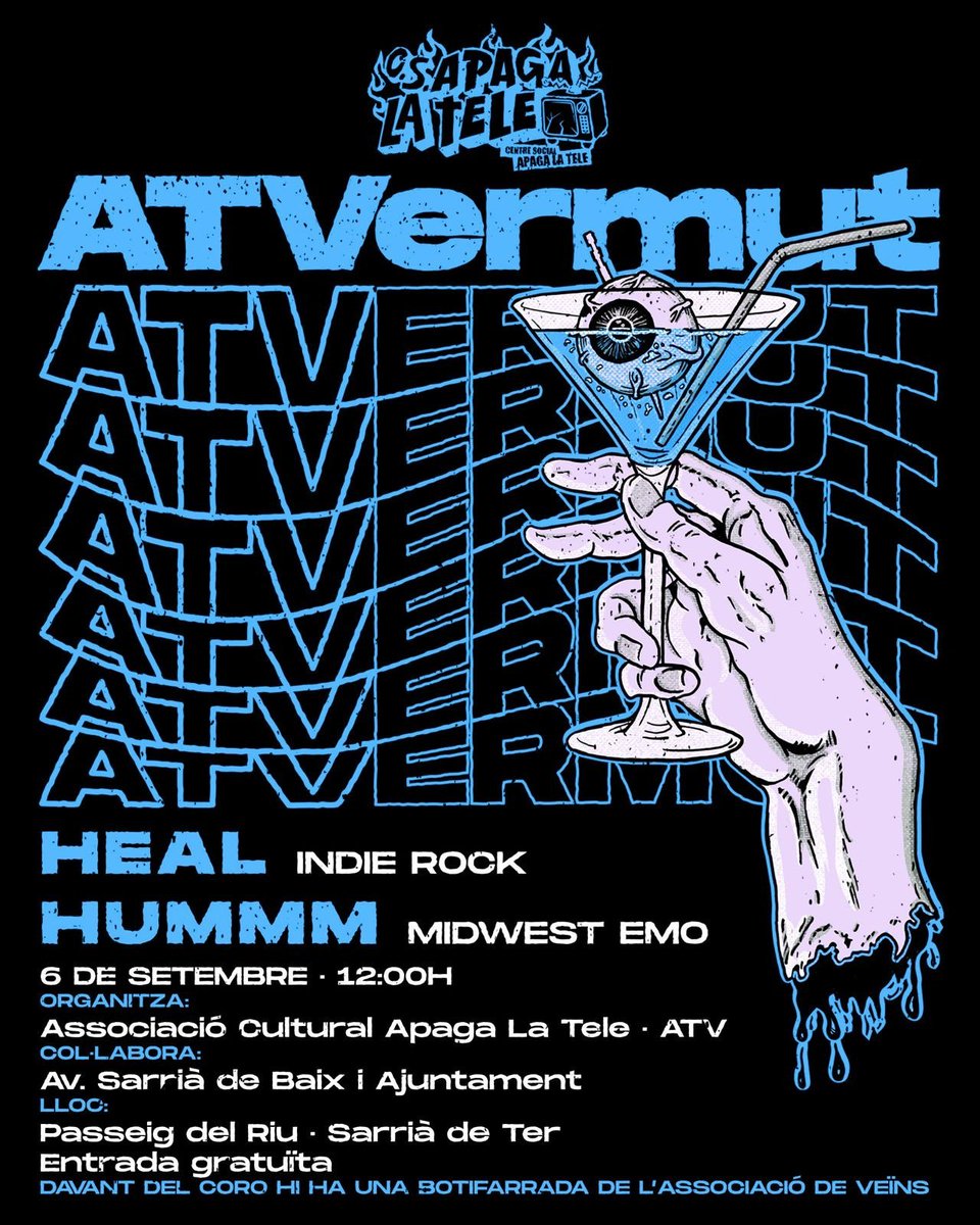 ATVermut 2025!

📆 DISSABTE 6 de SETEMBRE
🕦 A partir de les 12 h
📍 Passeig del Riu (Sarrià de Ter)
💰 Entrada gratuïta!
💸 NOMÉS EFECTIU