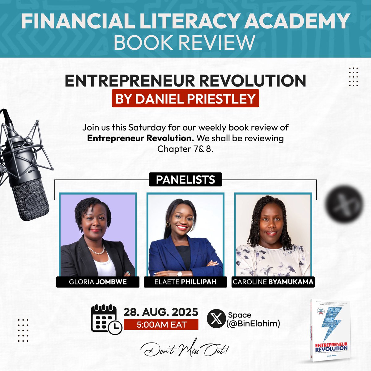Entrepreneurs, this one’s for you!
Catch our Book Review on Entrepreneur Revolution 🔥
🗓️ Aug 28 | 5AM EAT | 🎙️ <a href="/BinElohim/">Bin Elohim Thoughts(BET) Mastery</a>