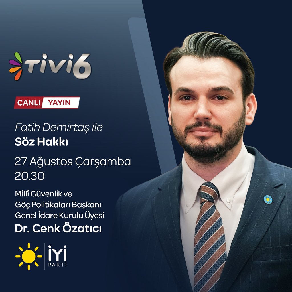 Millî Güvenlik ve Göç Politikaları Başkanımız Sayın Dr. Cenk Özatıcı <a href="/cenkozatici/">Dr. Cenk Özatıcı</a>;

🗓 27 Ağustos Çarşamba (bugün)
⏰ 20.30’da
📺 TİVİ6'da

Fatih Demirtaş ile #SözHakkı programına konuk oluyor.

Sizleri de ekran başına bekliyoruz.👍🏻