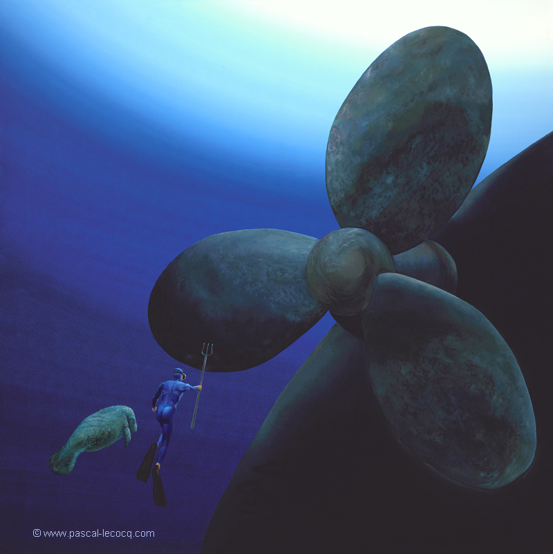 bluepainter's tweet photo. 🌪️🐋 Raise your lance for the sea! CERVANTES UNDERWATER EPISODE – Save the Manatees (Don Quijote and the Windmills) is a monumental oil on canvas by Pascal Lecocq, The Painter of Blue ®. Measuring a commanding 122 x 122 cm (48 x 48 inches), this surreal masterpiece—painted in 2… https://t.co/br9BZA4u45