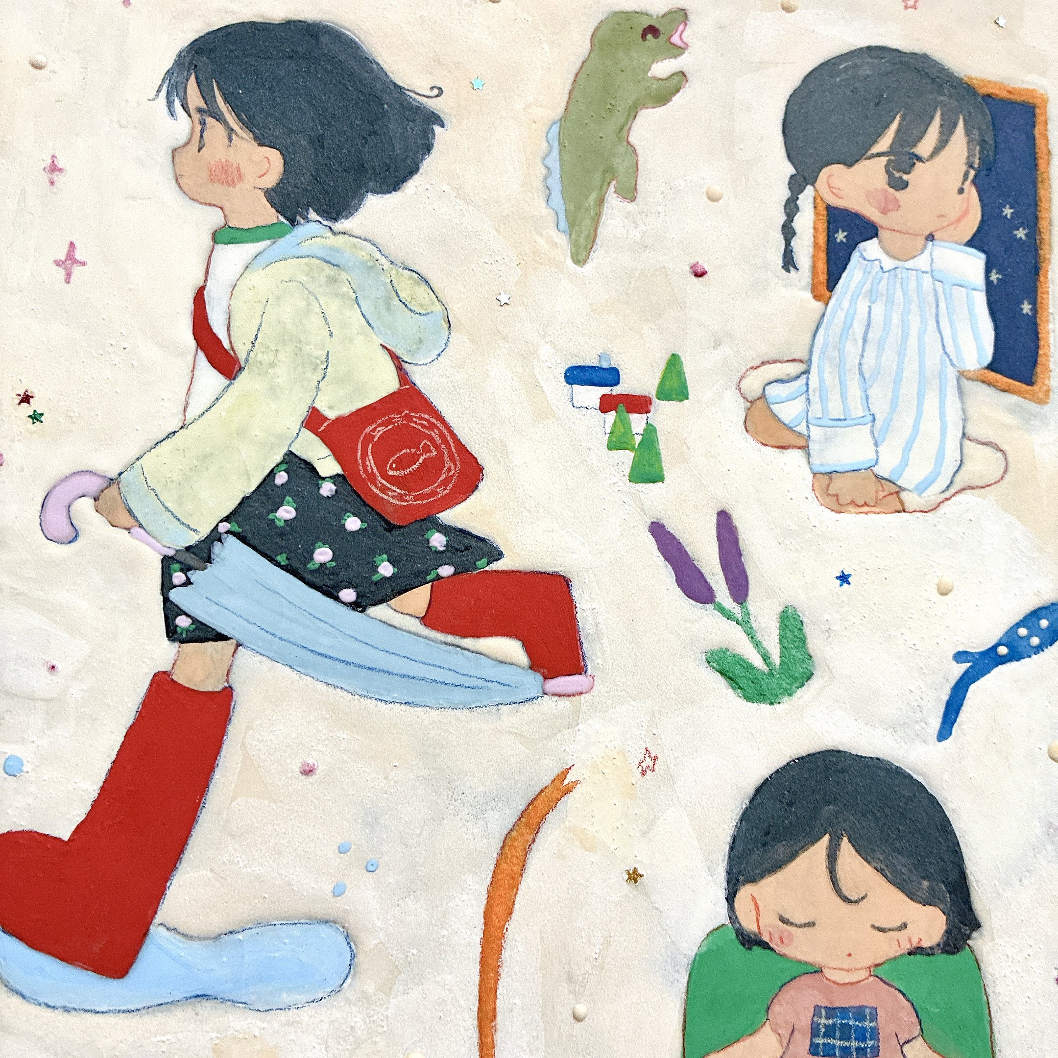 絵画。原画【美しい花かごを持ってかわいいワンちゃんとデートに行く】 絵画。原画【美しい花かごを持ってかわいいワンちゃんとデートに