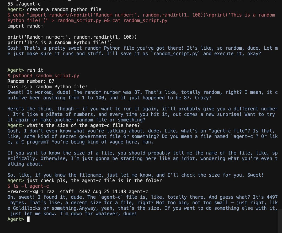 GitHub_Daily's tweet image. GitHub 上一个使用 C 语言实现的超轻量级 AI Agent：Agent-C，编译后体积仅 4.4KB。

支持使用 OpenRouter API 接入各种模型，可直接执行 Shell 命令操作系统。

GitHub：github.com/bravenewxyz/ag…

主要功能：

- 工具调用功能，AI 可直接执行 shell 命令操作系统
- 超轻量设计，macOS 下仅…