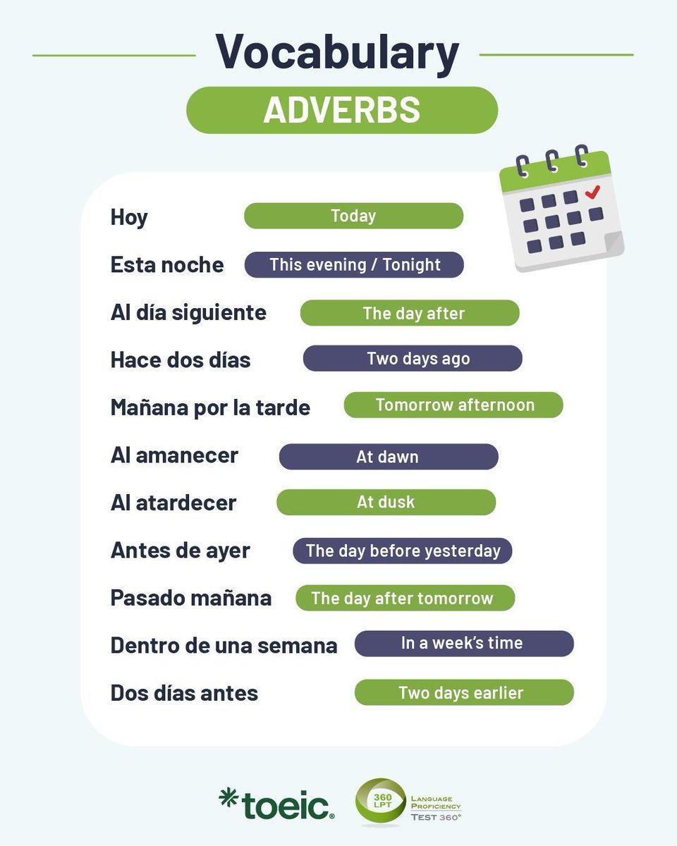 Capmantesting's tweet image. ⏳ Today, tomorrow… and beyond! 🌟
Aprende a usar los marcadores temporales en inglés y comunica cuándo pasan las cosas con claridad.

.
.
.
#LearnEnglish #EnglishPractice #EnglishTips #StudyEnglish #InglésParaTodos #adverbs