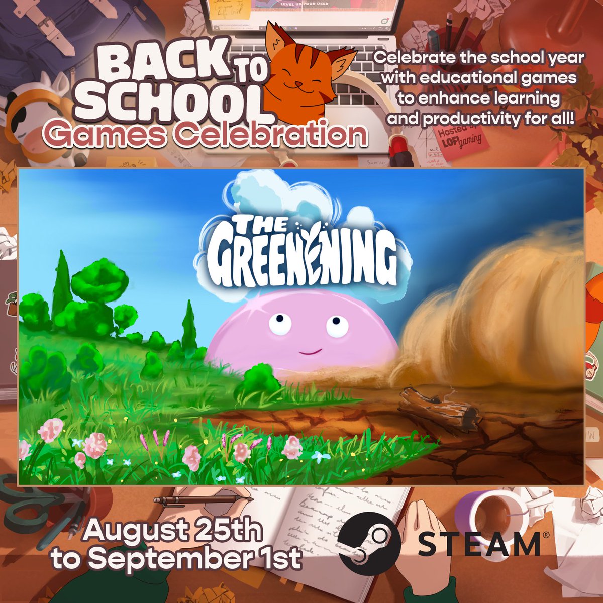 Really happy to be a part of the #BackToSchool games celebration happening this week on Steam!
It features lots of awesome educational and nature-themed games (the latter category hosting The Greenening 😊)
Check it out here:  store.steampowered.com/curator/446953…
#indiegames