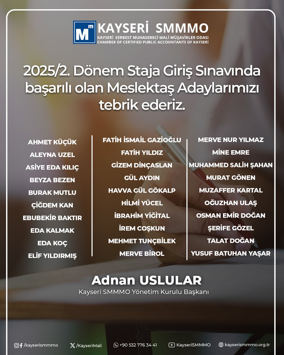 2025/2. Dönem Staja Giriş Sınavında başarılı olan Meslektaş Adaylarımızı tebrik ederiz. Staj başlatma işlemlerinizi bugün tarihi itibaren TEOS üzerinden yaparak dijital adım uygulaması üzerinden evraklarınızı yükleyebilirsiniz.