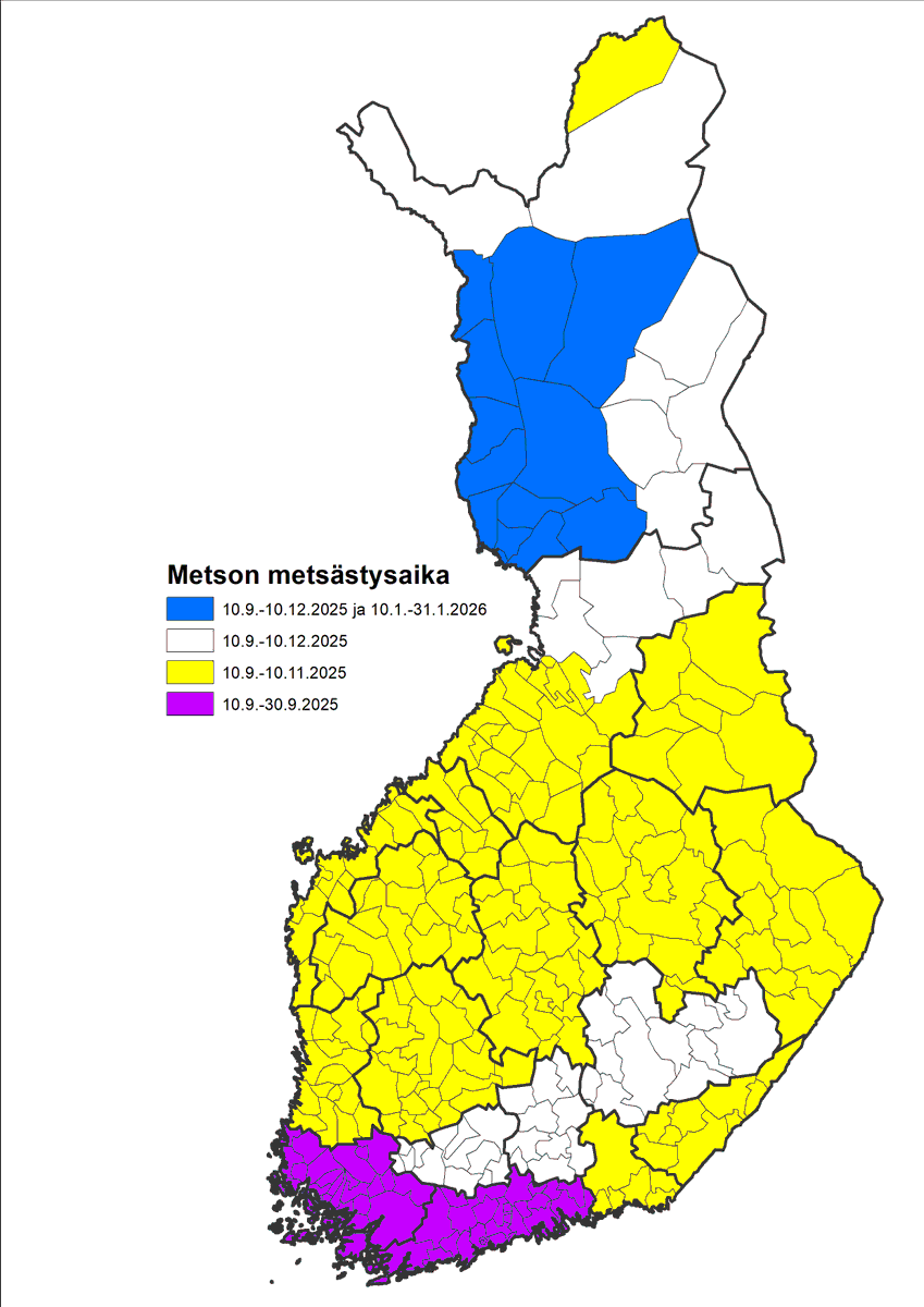 SarviTweet's tweet photo. Metsäkanalintujen #metsästys'ajat kartoilla metsästysvuonna 2025-2026 #metso #teeri #pyy #riekko https://t.co/kCfW4HWWjl