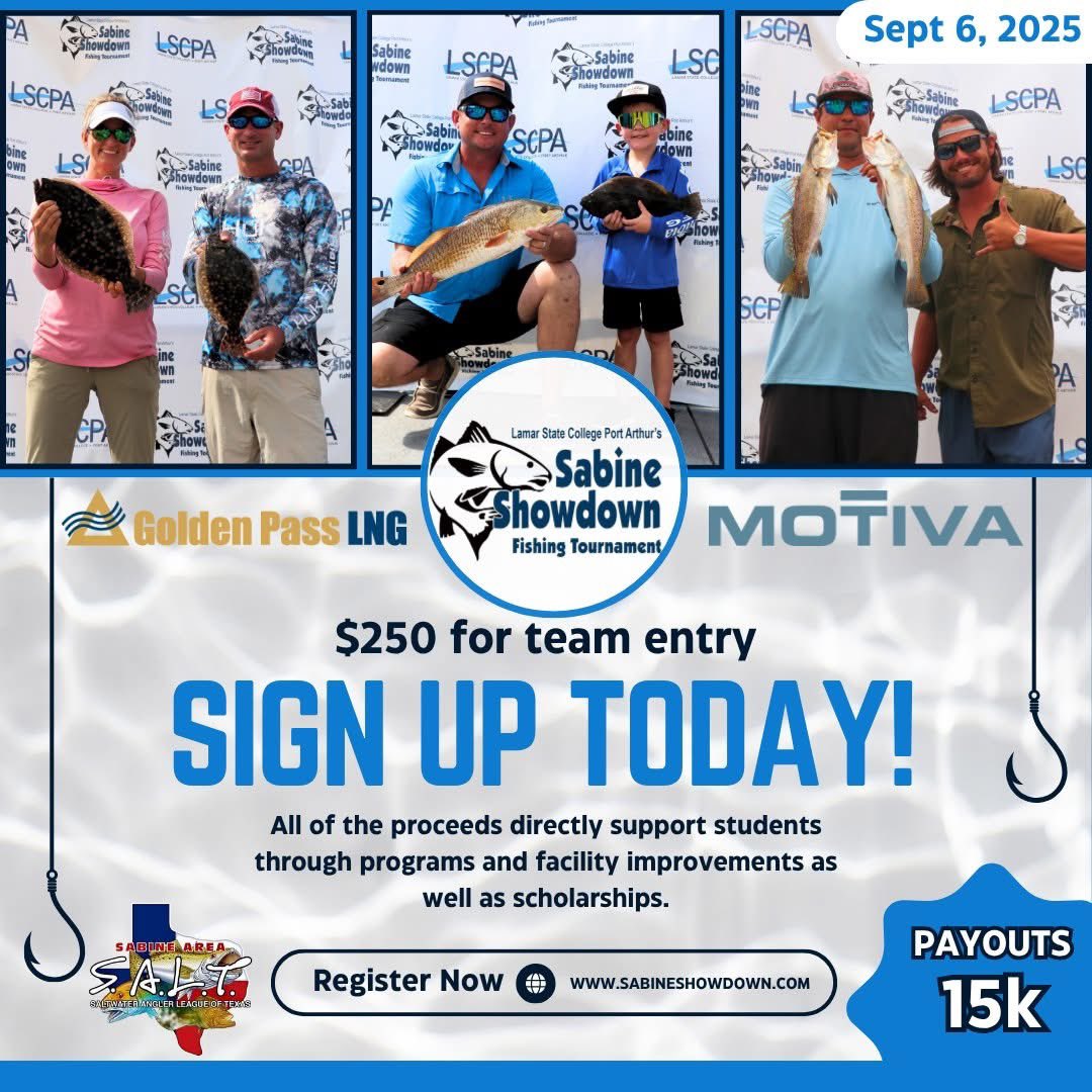 LSCPA_Athletics's tweet photo. 🎣 Just 10 days until the Sabine Showdown Fishing Tournament! 
✅ Team reg open thru Sept 4 💰 $250/team (2 anglers) 🏆 $15K+ in payouts across 3 categories!
🎶 Live music, vendors &amp; more at the Parker Center! 👉 Sign up: https://t.co/ZREr67dWPD
#FishSETX #SabineShowdown https://t.co/QdtCLX8J63